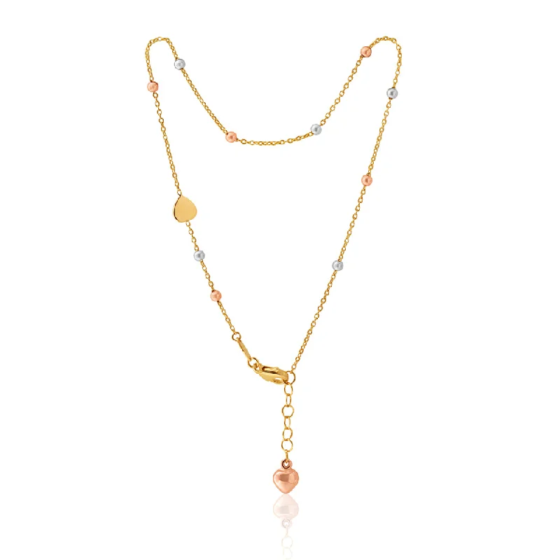 9ct Three-Tone Gold Heart and Bead 27cm Anklet