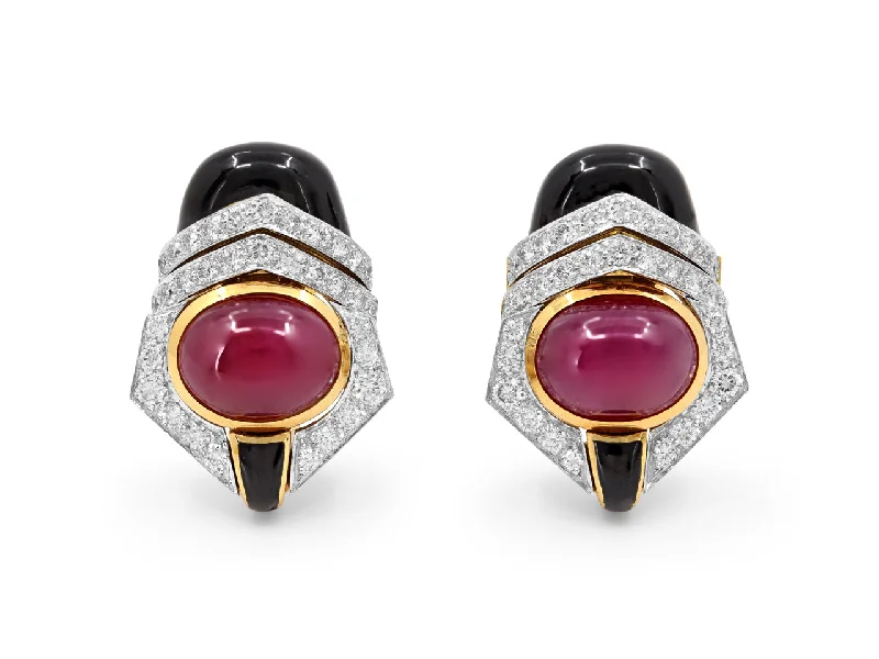 David Webb Ruby, Diamond and Enamel Earrings in 18K and Platinum