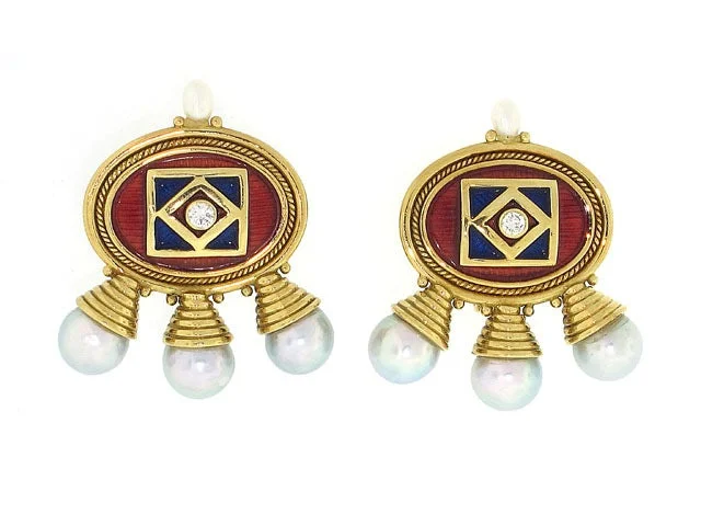 Elizabeth Gage African Queen Enamel and Pearl Earrings in 18K