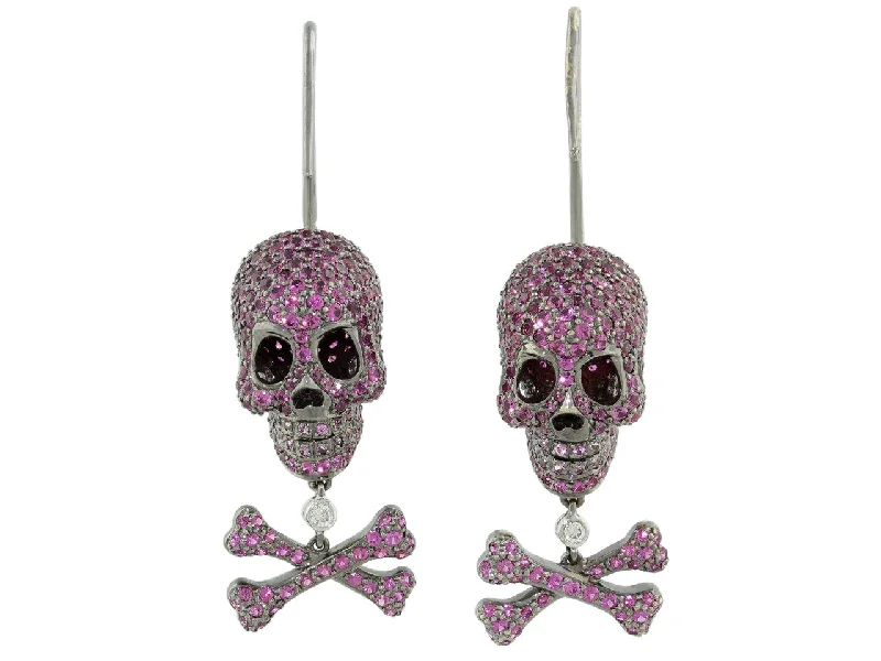 Lydia Courteille Ruby and Diamond Skull and Crossbones Earrings  in 18K