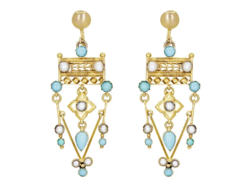 Antique Victorian Turquoise and Split Pearl Earrings in Low Karat Gold