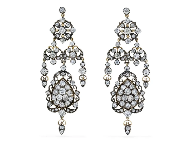 Antique-Style Diamond Chandelier Earrings in Silver over Gold