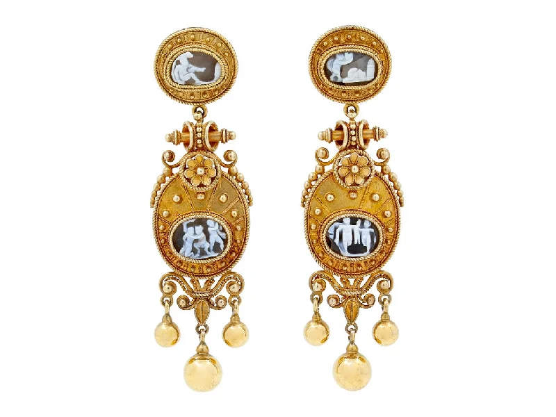 Antique Victorian Etruscan Revival Cameo Earrings in 18K Gold