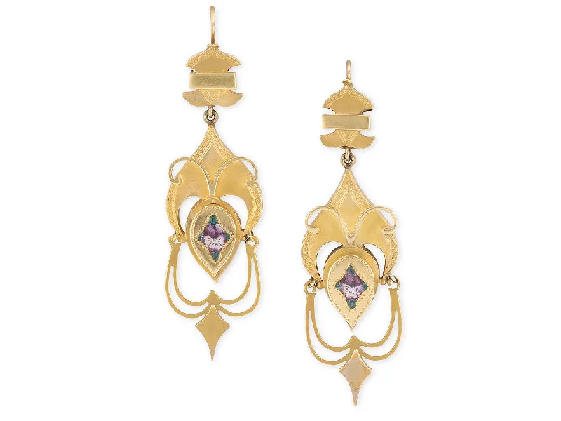 Antique Victorian Enamel Pansy Earrings in 18K Gold