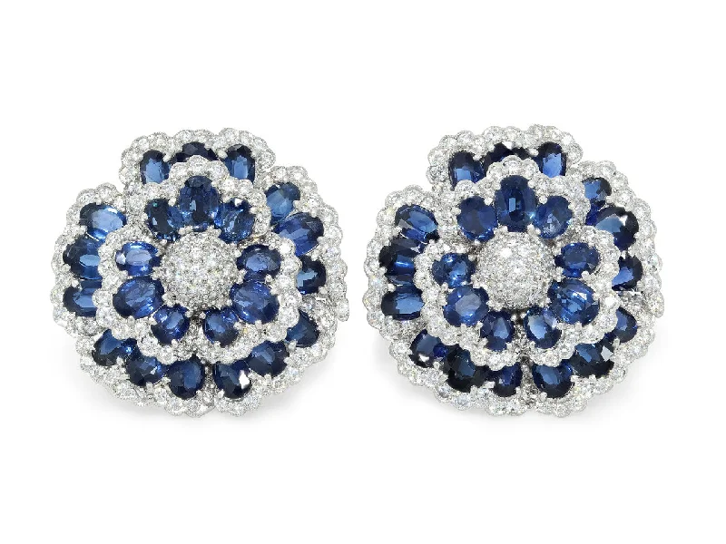 Sapphire and Diamond Flower Earrings in Platinum