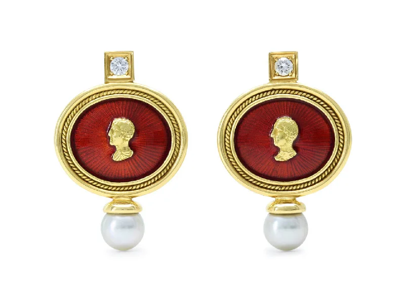 Elizabeth Gage Enamel, Diamond and Pearl Earrings in 18K Gold