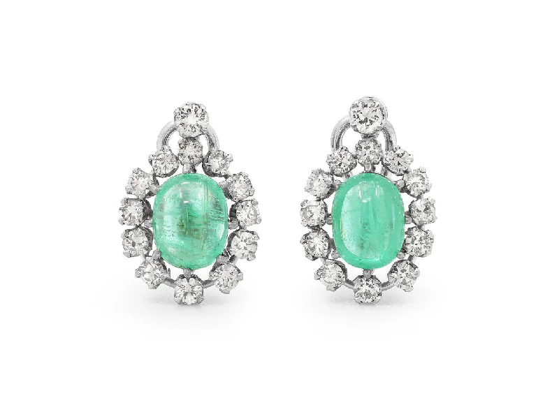 Cabochon Emerald and Diamond Earrings in Platinum