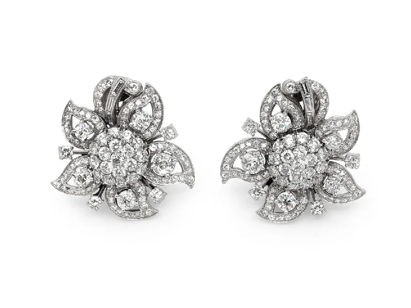 Mid-Century Floral Diamond Earrings / Brooch in Platinum