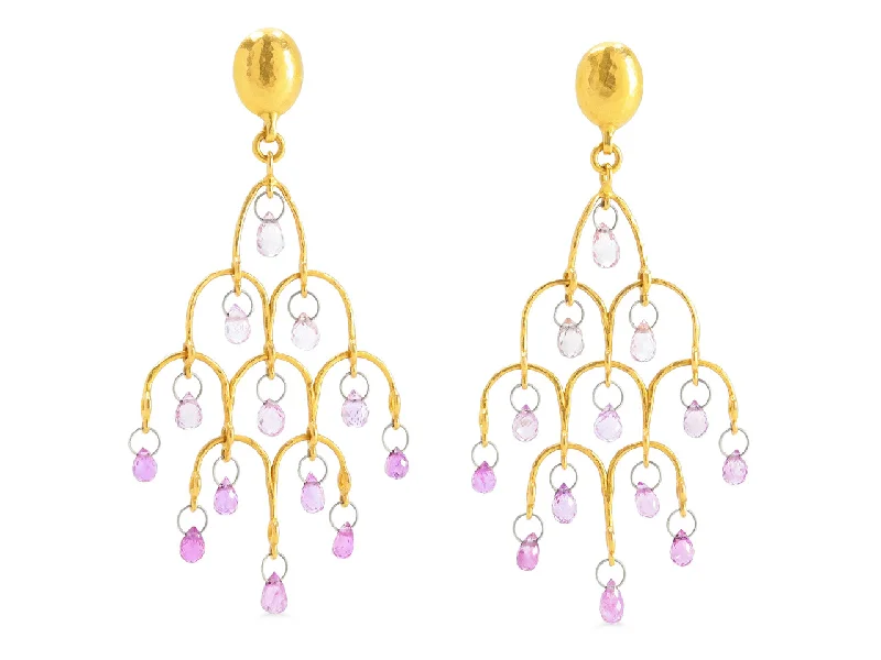 Gurhan 'Delicate Dew' Pink Sapphire Briolette Chandelier Earrings in 22K Gold