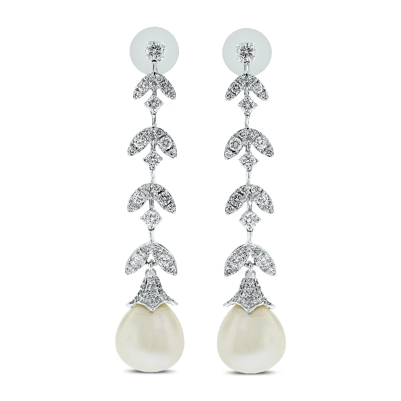 Diamond & Pearl Vines Earrings (35.29 ct Pearls & Diamonds) in White Gold