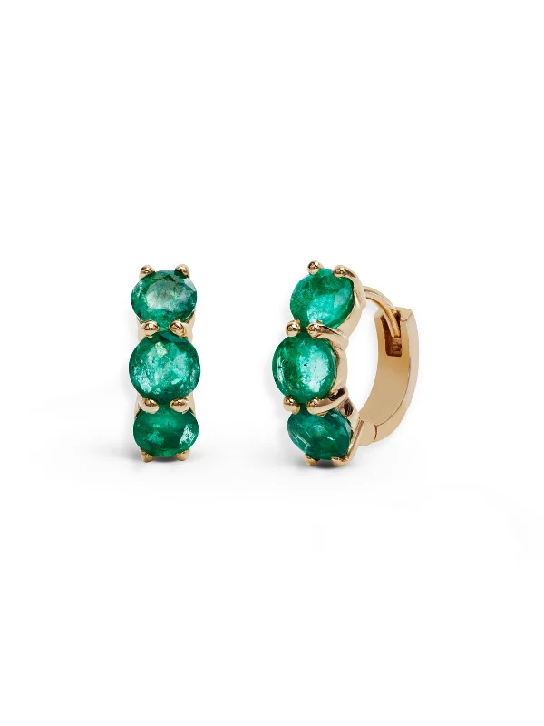 Emerald Huggie Hoop Yellow Gold Earrings