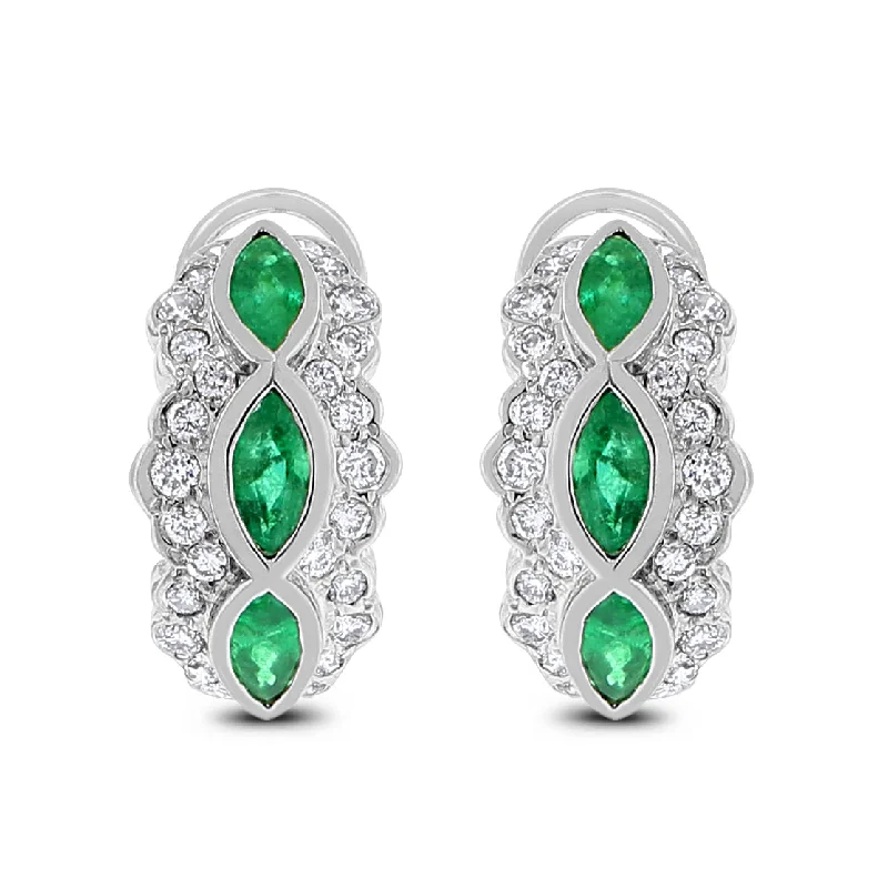 Grape Vine Huggies Earrings (2.46 ct Diamonds & Emeralds) in White Gold