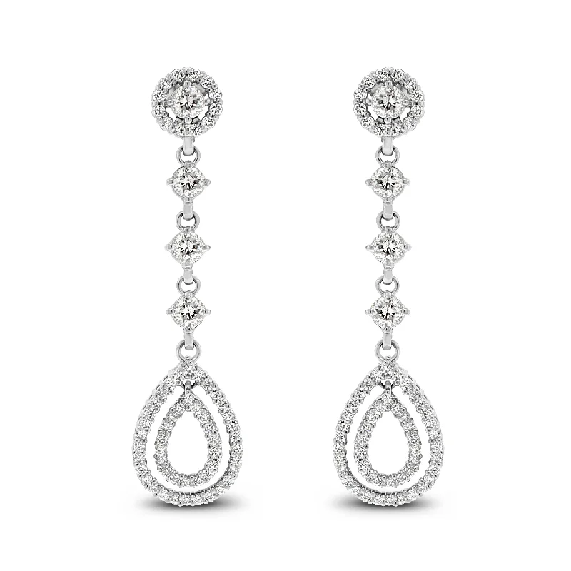 Dangling Halo Diamond Earrings (2.02 ct Diamonds) in White Gold