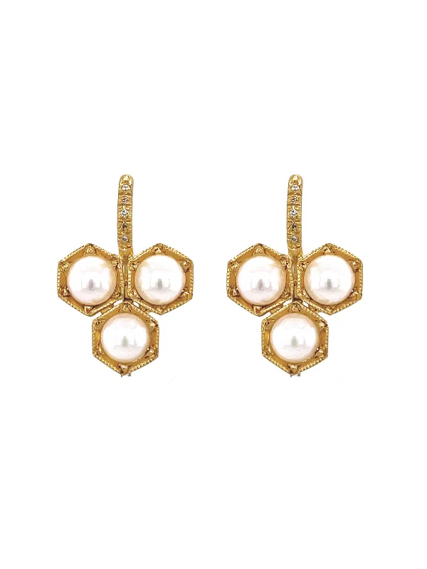 Large Pearl Triple Hexagonal Yellow Gold Earrings