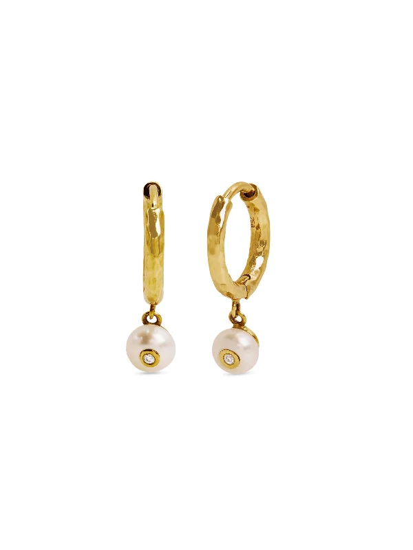 Pearl & Diamond Charmed Micro Gabby Yellow Gold Hoops