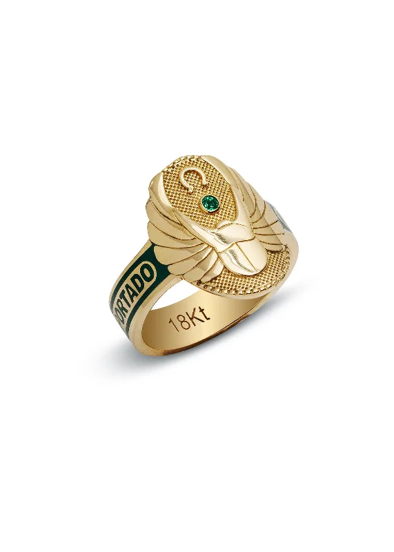 Protection Green Champlevé Enamel Yellow Gold Cigar Ring