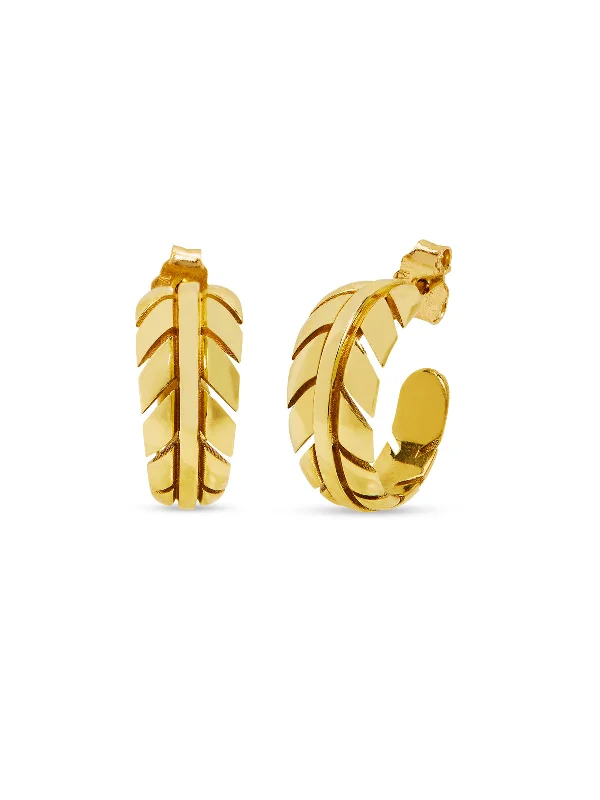 Small Leaf Yellow Gold Hoop Earrings