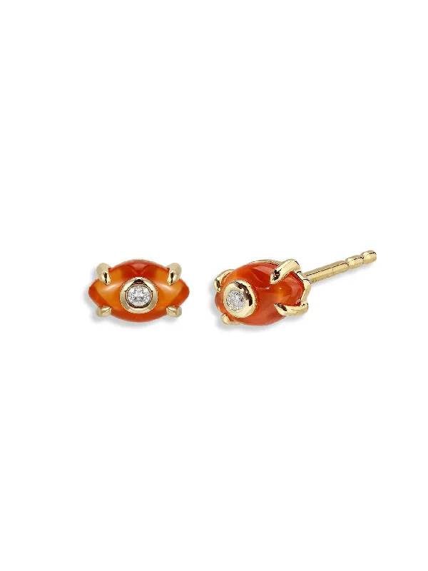 Tiny Carved Carnelian Evil Eye Yellow Gold Single Stud