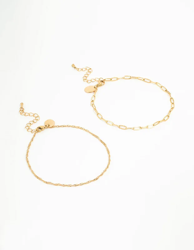 Waterproof Gold Plated Stainless Steel Mixed Chain Anklets 2-Pack