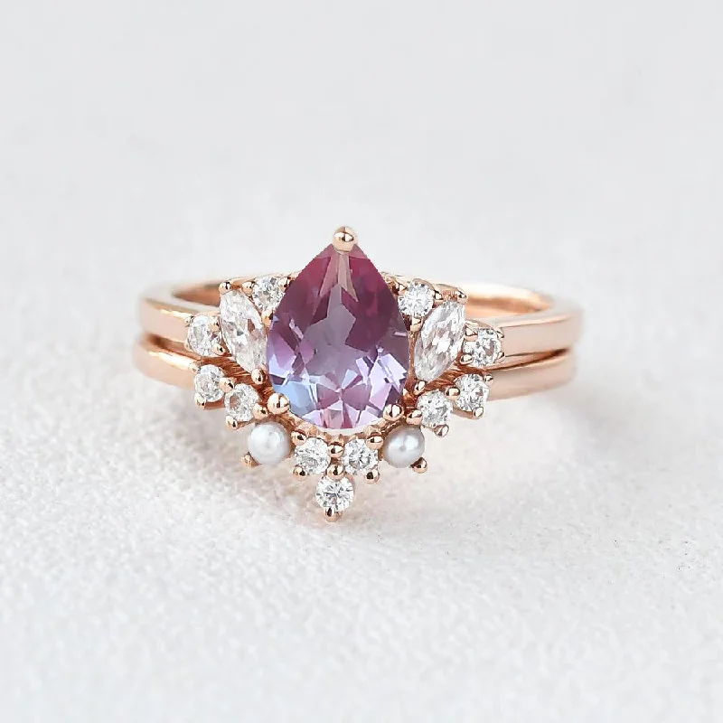 1.5ct Lab Alexandrite Pearl-fect Vintage Cluster Ring Set 2pcs - Zhuri