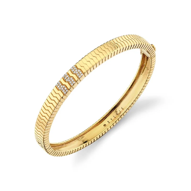 14K Yellow Gold Bangle With Three Pavé Set Lines