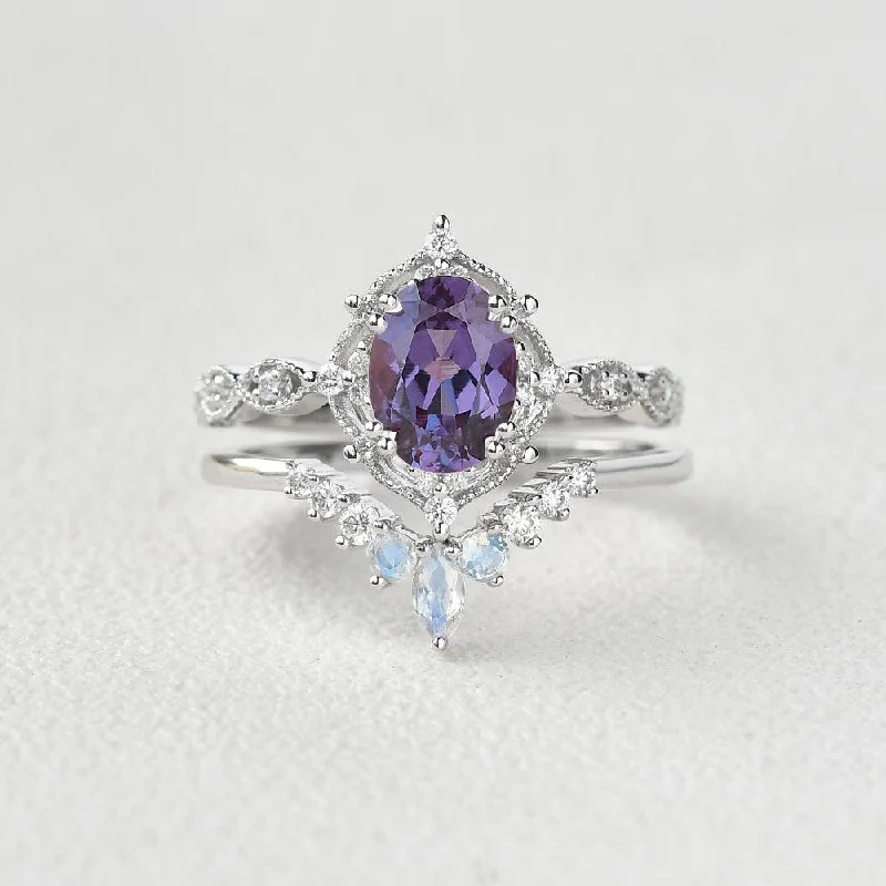 1.5ct Alexandrite Signature Vintage Luna Ring Set 2pcs