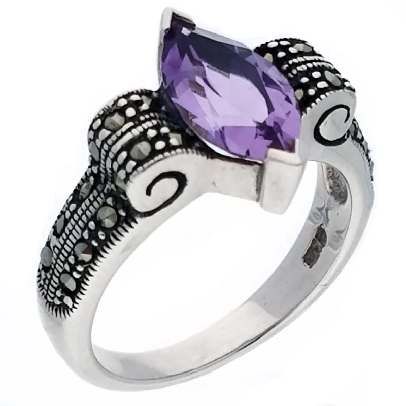 Genuine Marquise Amethyst and Marcasite Deco Swirl Sterling Silver Ring