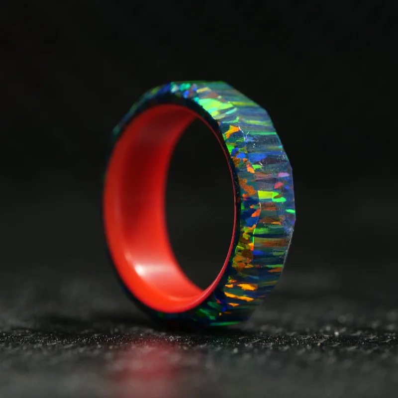 Black Fire Opal Ring with Glowing Resin Liner