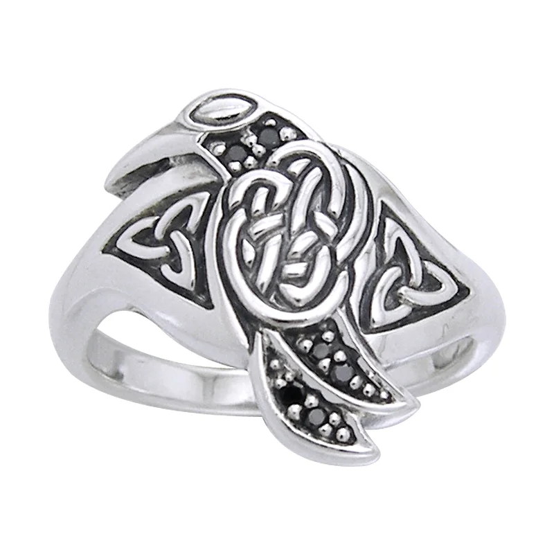 Celtic Raven Bird Sterling Silver Black Crystal Ring