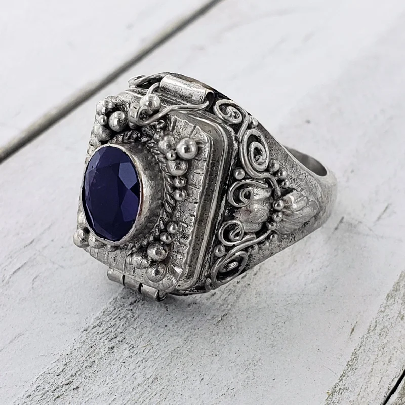 Dark Amethyst and Sterling Silver Large Poison Locket Ring