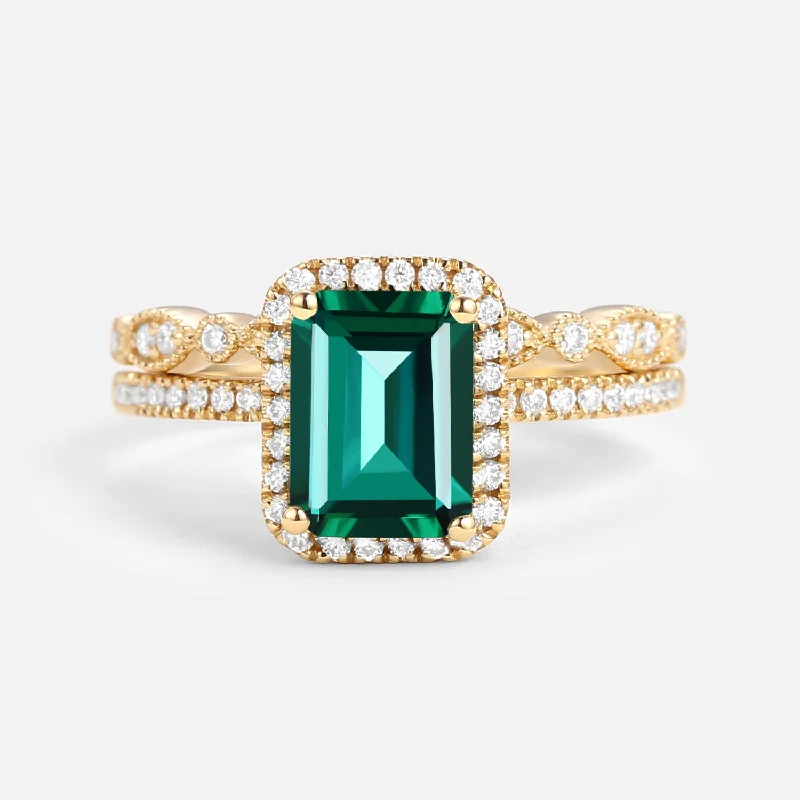 Emerald & Moissanite Halo Gold Ring Set 2pcs