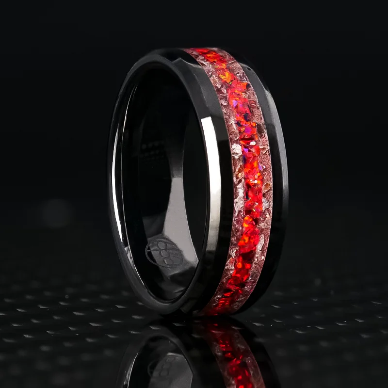 Garnet Lava Pit Glowstone Ring on Black Ceramic