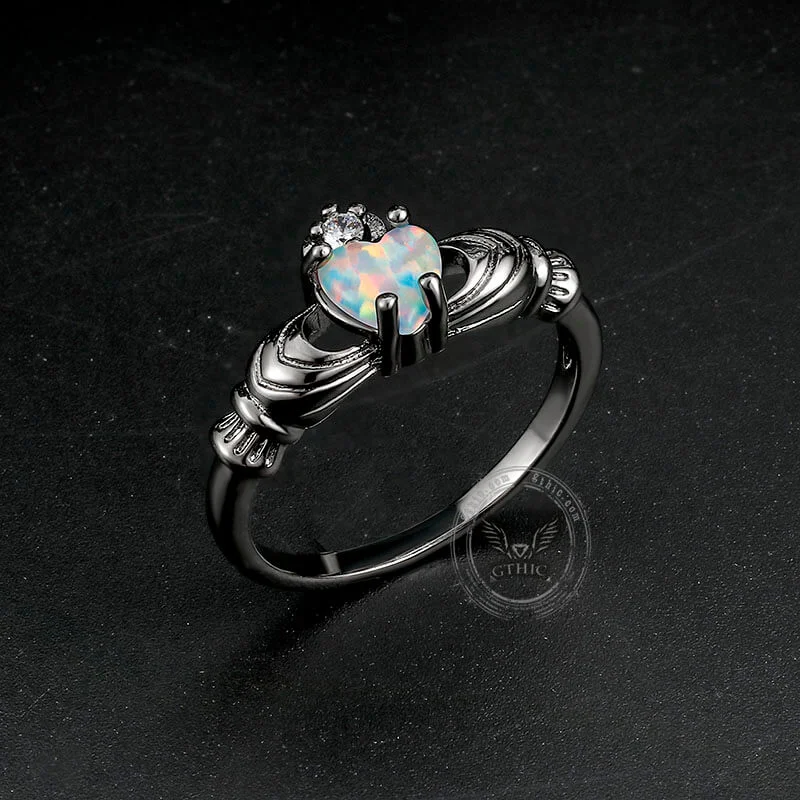 Gothic Love Heart Opal Brass Claddagh Ring