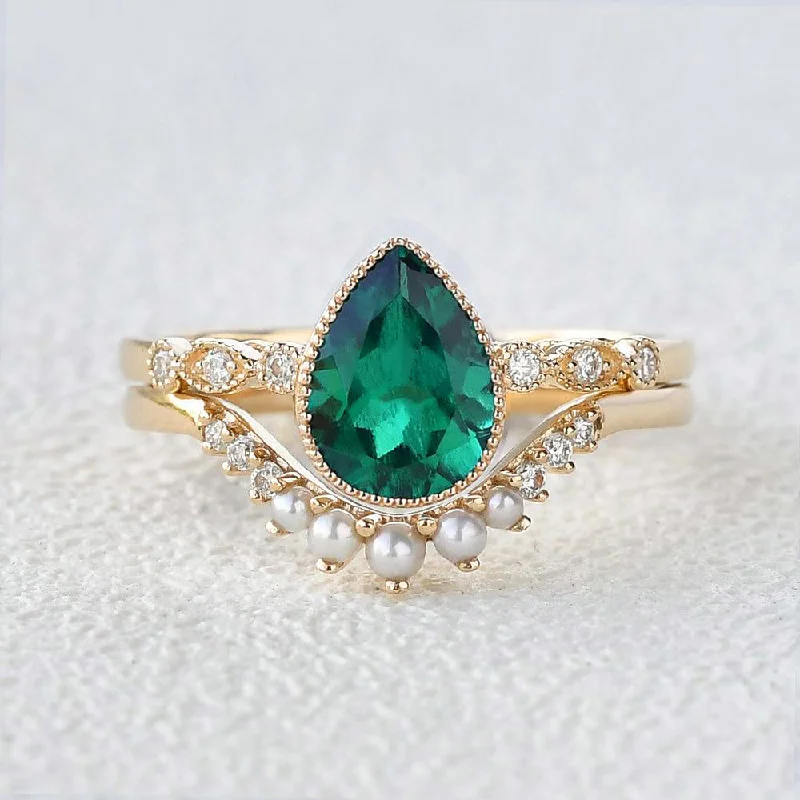 Lab Emerald & Natural Pearl Ring Set 2pcs