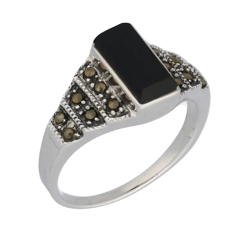 Marcasite and Black Onyx Sterling Silver Bar Ring