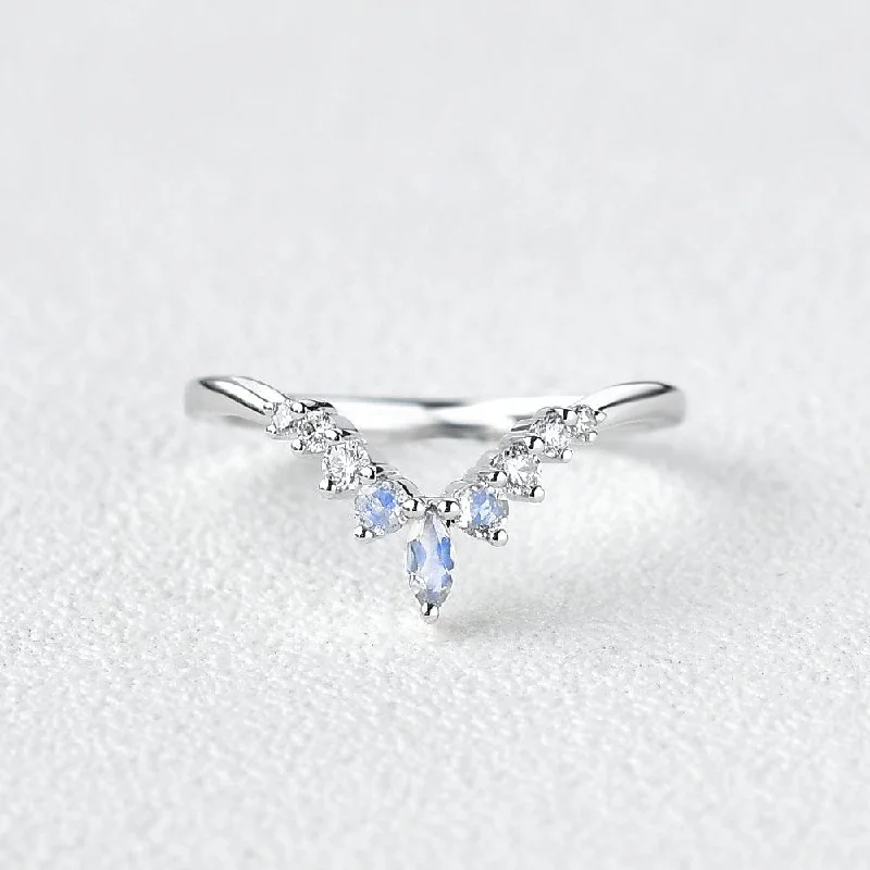 Moonstone & Moissanite Band V Shaped Ring