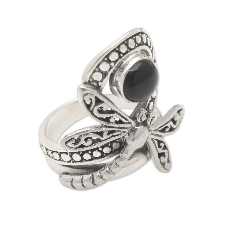 Novica Handmade Dragonflys Palace Onyx Cocktail Ring