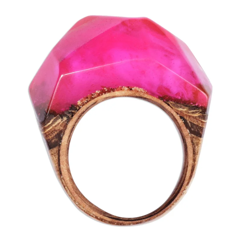 Novica Handmade Pink Splendor Wood And Resin Domed Ring