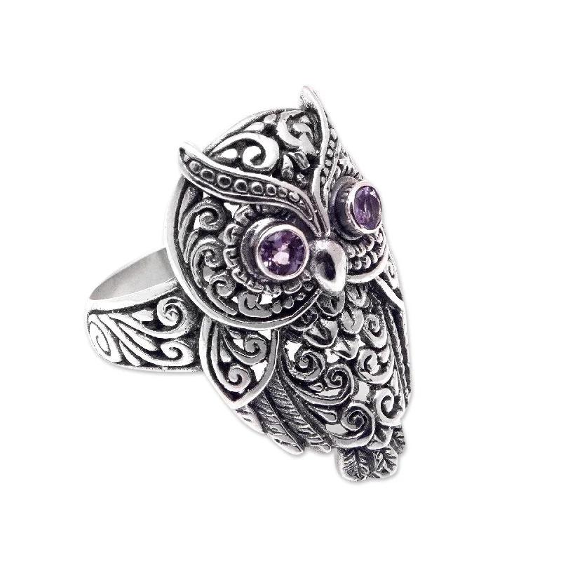 Novica Handmade Purple Baby Owl Amethyst Cocktail Ring