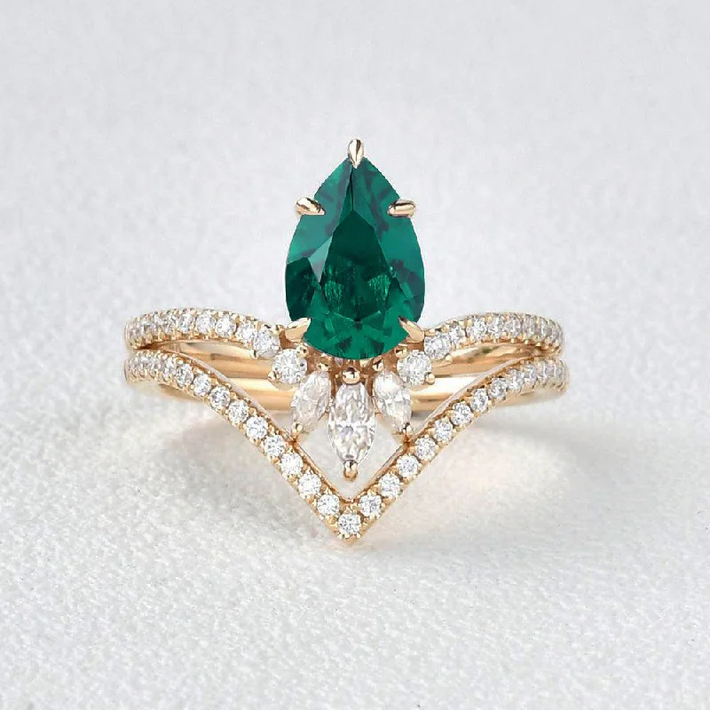 1.7ct Pear Emerald Classic Vintage Ring Set 2pcs - Mila