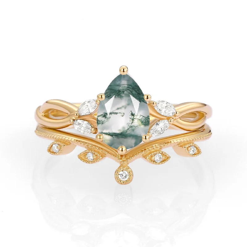 Pear Shaped Moss Agate Bridal Ring Set 2pcs - Autumn