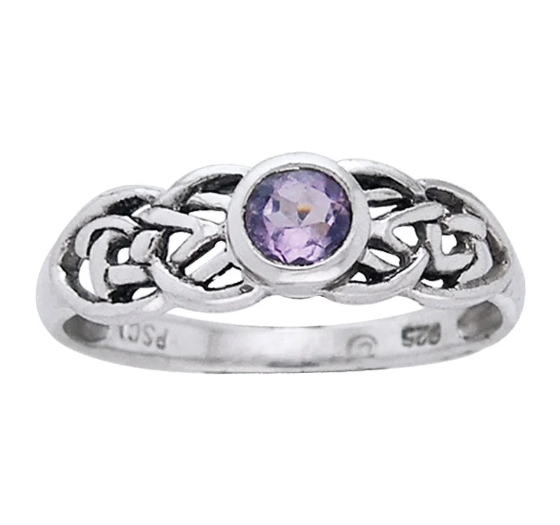 Petite Celtic Knot Birthstone Ring Sterling Silver Genuine Amethyst For February