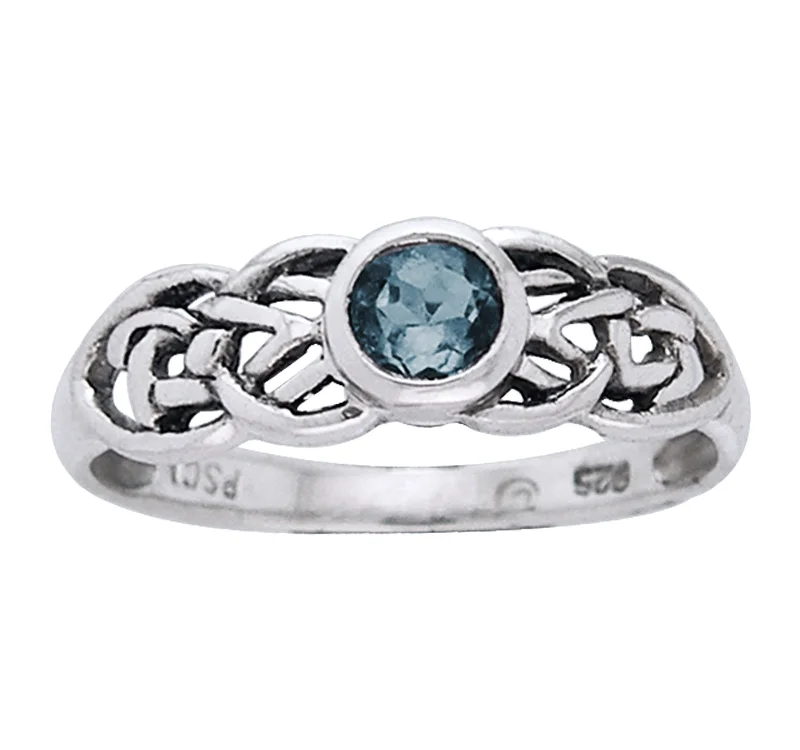 Petite Celtic Knot Birthstone Ring Sterling Silver Genuine Aquamarine For March