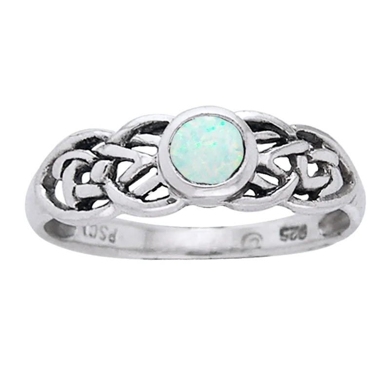 Petite Celtic Knot Birthstone Ring Sterling Silver Simulated Opal For October