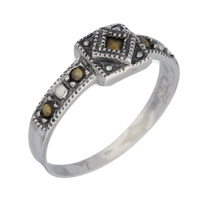 Petite Light Weight Square Sterling Silver Marcasite Ring