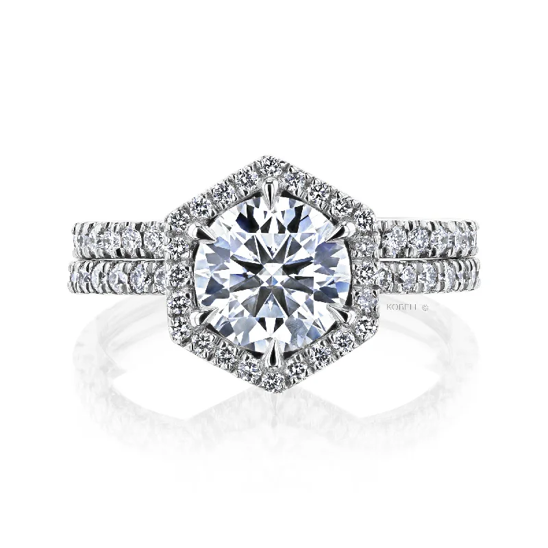 Reese - Hexagon Halo Round Bridal Rings Set