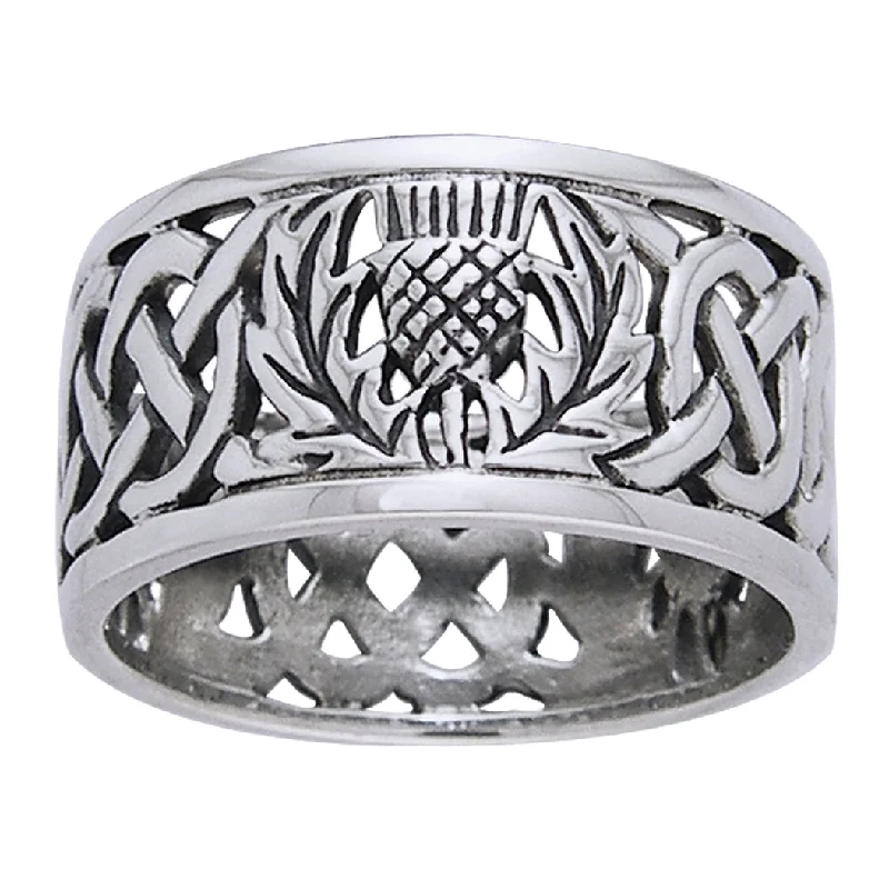 Scottish Thistle Celtic Knot Wedding Band Sterling Silver Ring