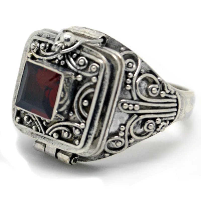 Square Genuine Garnet Poison Locket Box Sterling Silver Ring