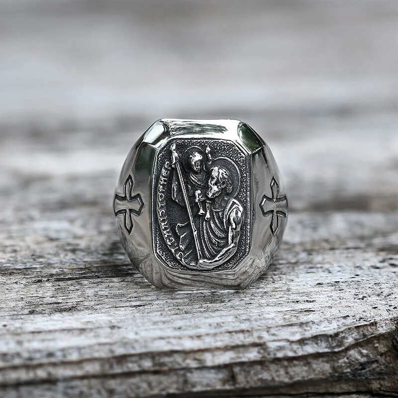 St Christopher Protect Us Stainless Steel Ring