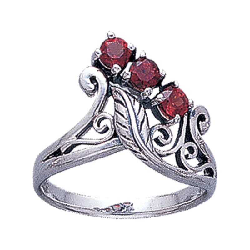 Sterling Silver 3-Stone Faceted Garnet Flower and Leaf Ring